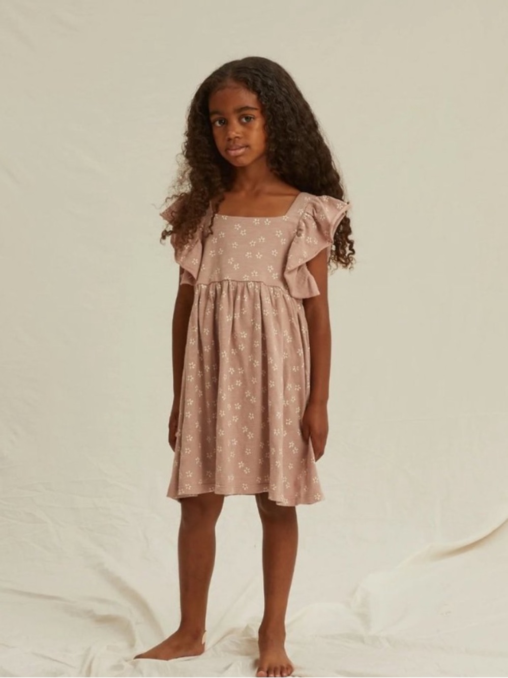 Rylee + Cru Mariposa Dusty Mauve Floral Ruffle-Sleeve Dress sz 6-7Y